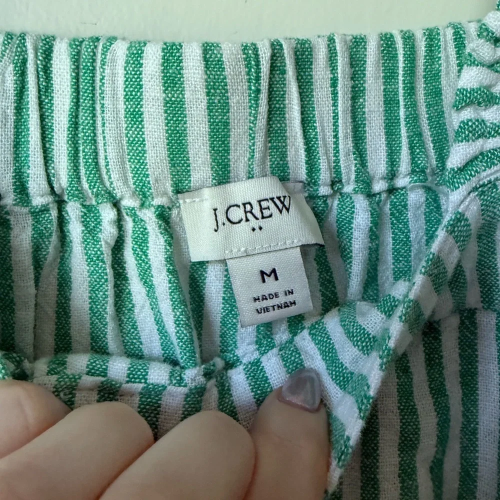 J. Crew Green Stripe Linen-blend button-front tank top with ruffle straps M